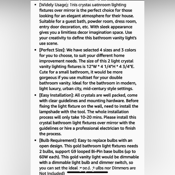 VANITY LIGHT DUAL CRYSTAL LIGHTS GOLD FINISH - Picture 8 of 9